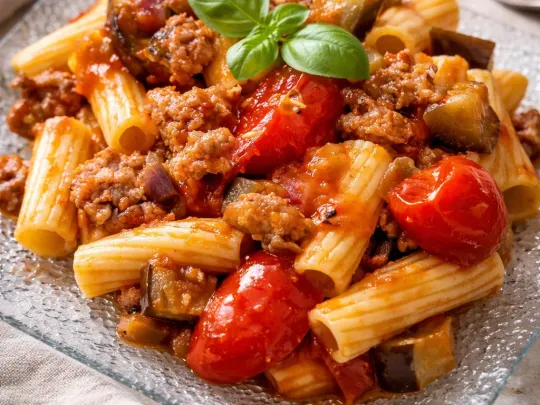 Pasta con melanzane, pomodorini e salsiccia