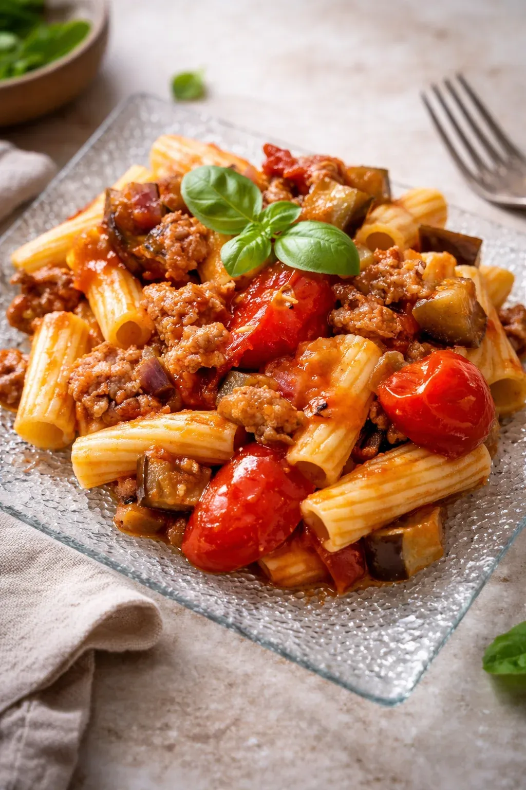Pasta con melanzane, pomodorini e salsiccia