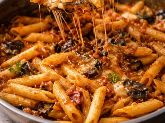 Pasta con melanzane fritte e provola affumicata