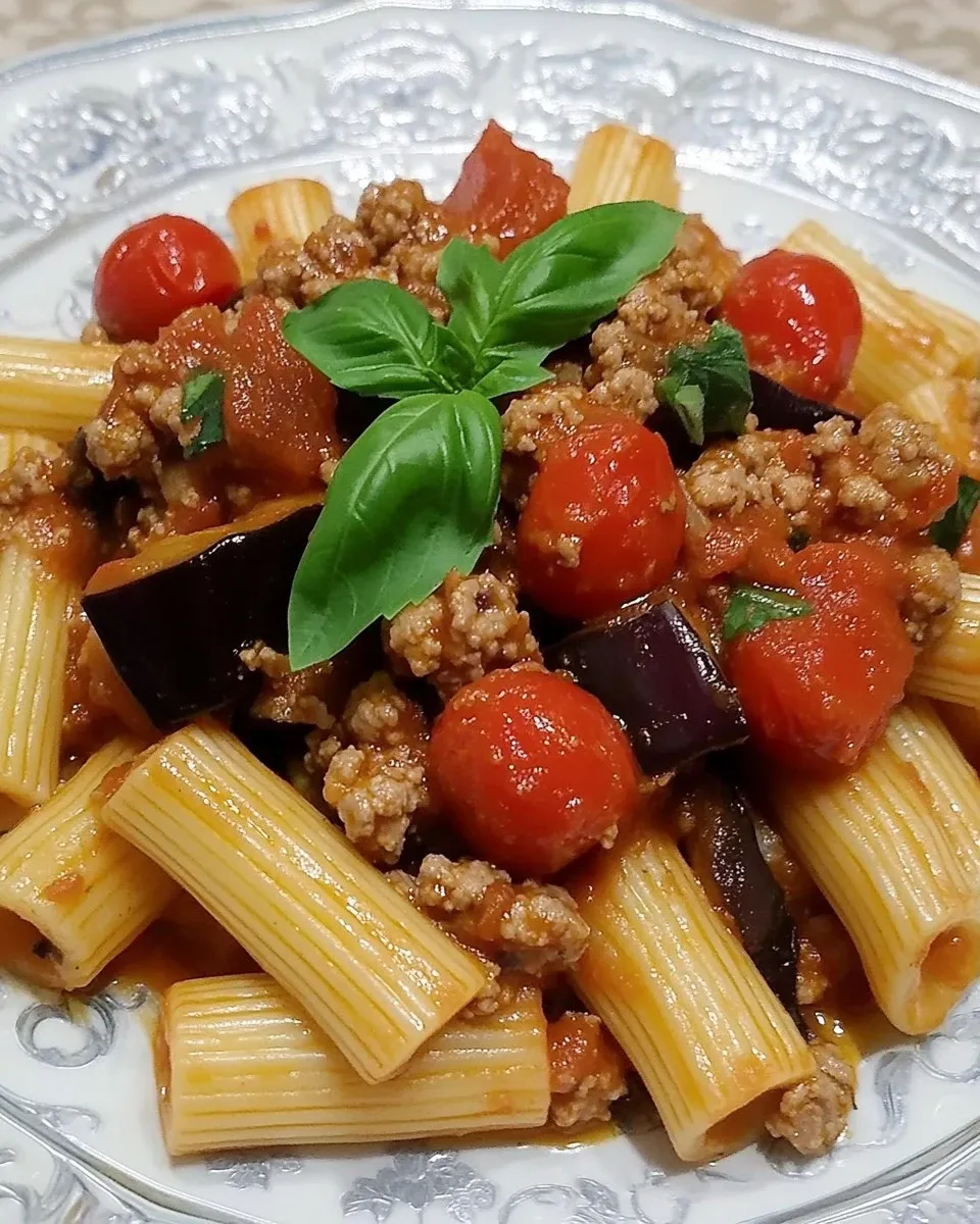 Pasta con melanzane, pomodorini e salsiccia