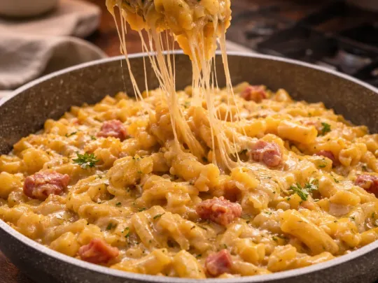 Pasta e patate con pancetta e provola