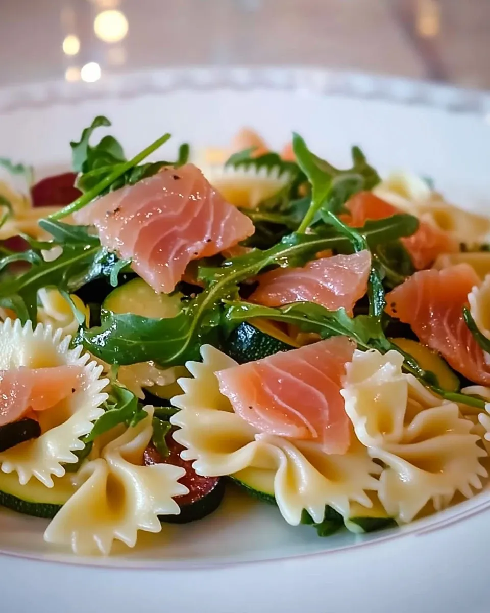 Pasta fredda con zucchine grigliate, salmone affumicato e rucola