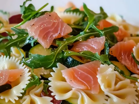 Pasta fredda con zucchine grigliate, salmone affumicato e rucola