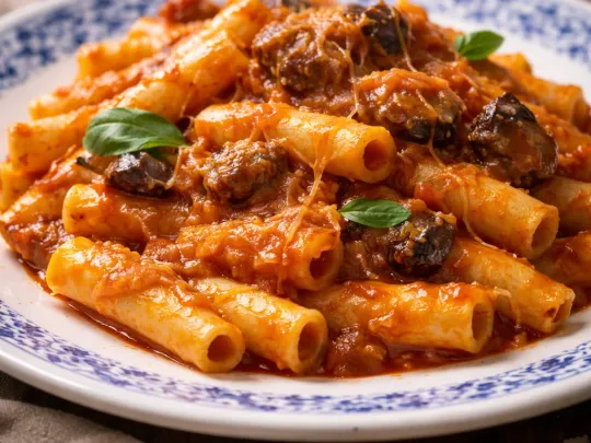 Pasta con melanzane fritte e provola affumicata