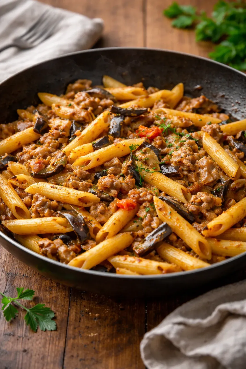 Penne salsicce e melanzane