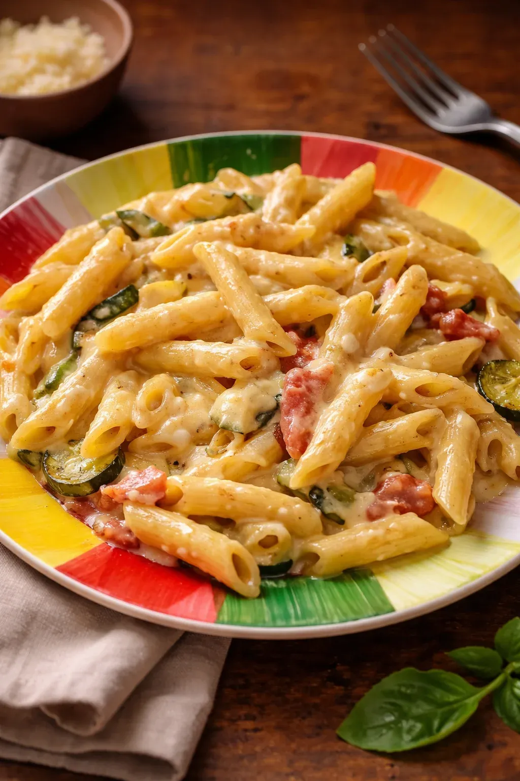Pennette zucchine, pancetta, pomodorini e mozzarella