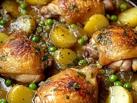 Pollo in umido con patate e piselli