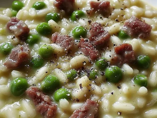 Risotto con speck, piselli e curry