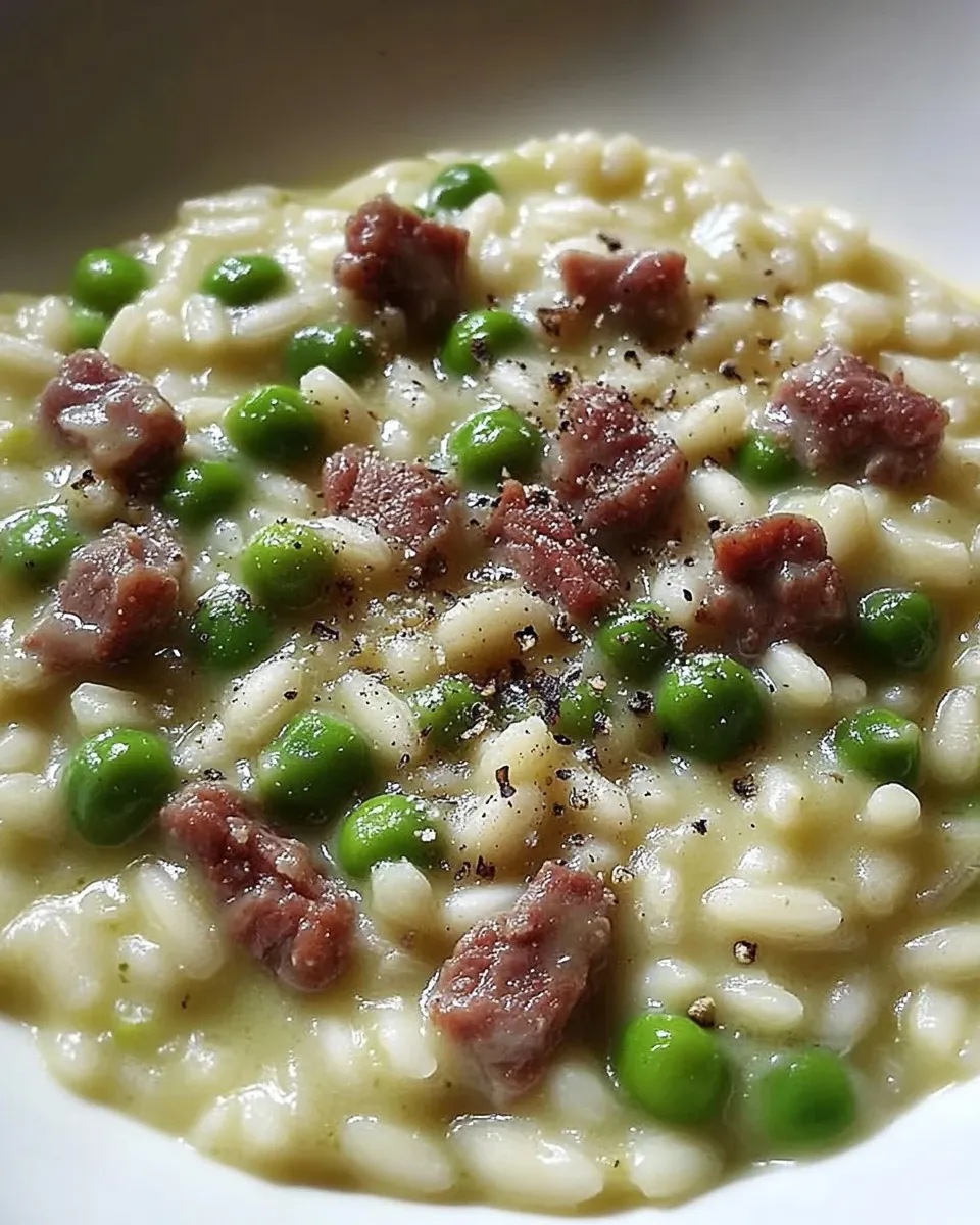 Risotto con speck, piselli e curry