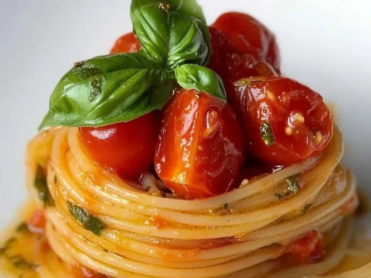 Spaghetti con Datterini, Burratina e Basilico Fresco