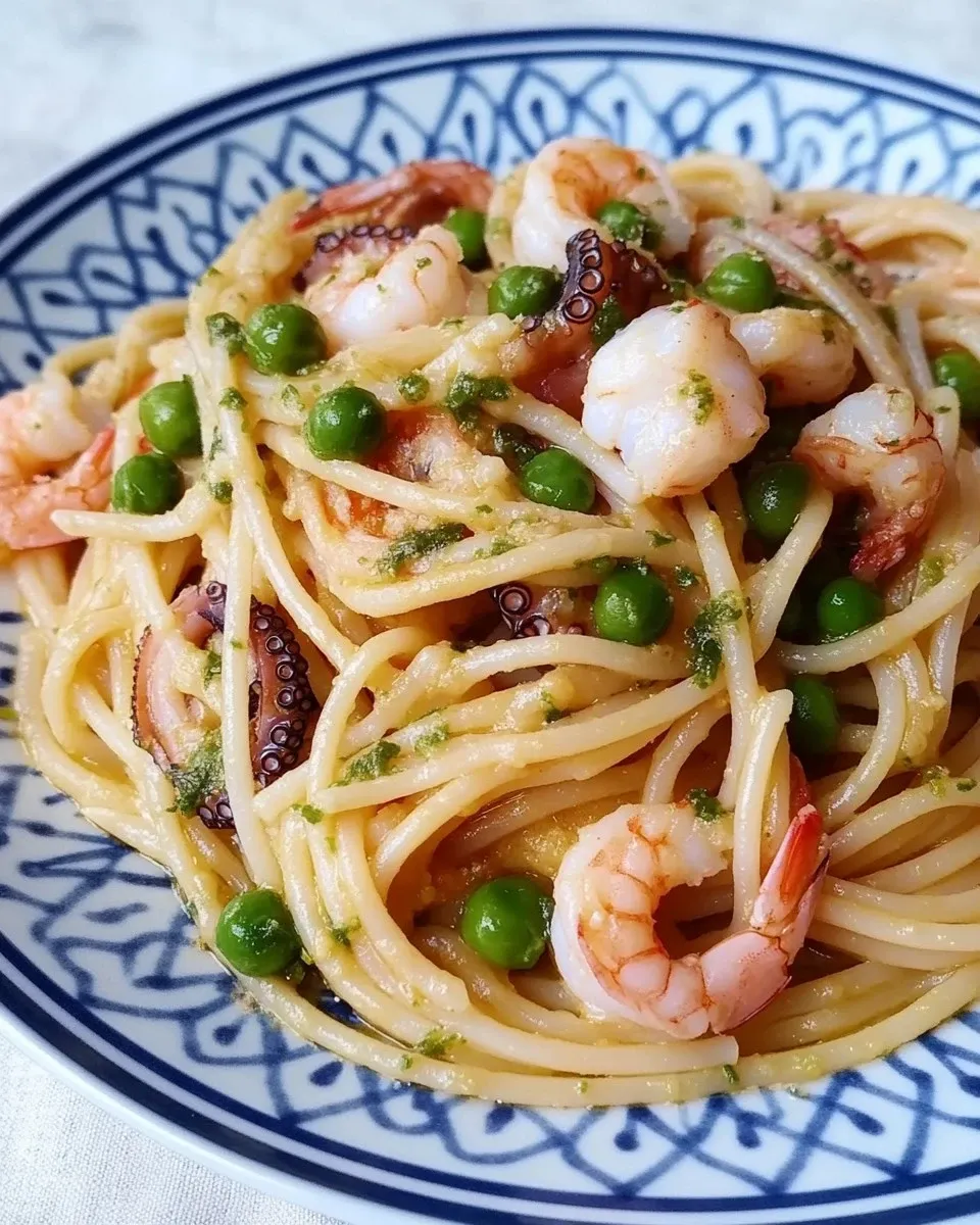 Spaghetti con gamberetti, calamari e piselli