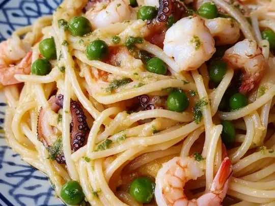 Spaghetti con gamberetti, calamari e piselli
