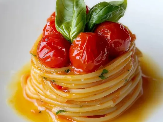 Spaghetti con i Datterini, Burratina e Basilico Fresco