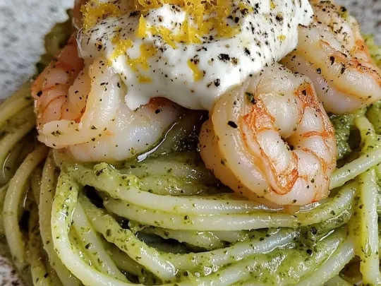 Spaghetti con Zucchine, Gamberi, Stracciatella e Scorza di Limone