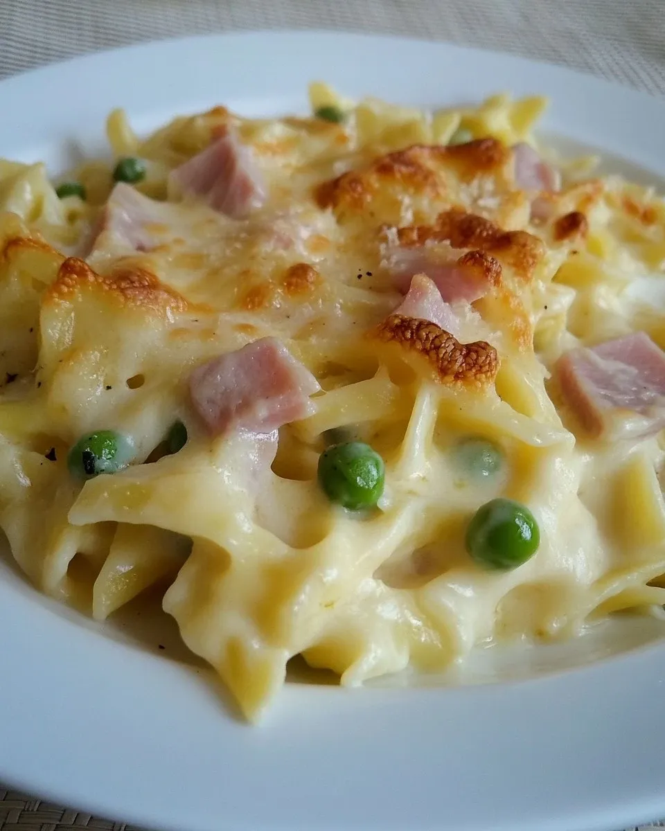 Tagliatelle al forno con prosciutto cotto e piselli