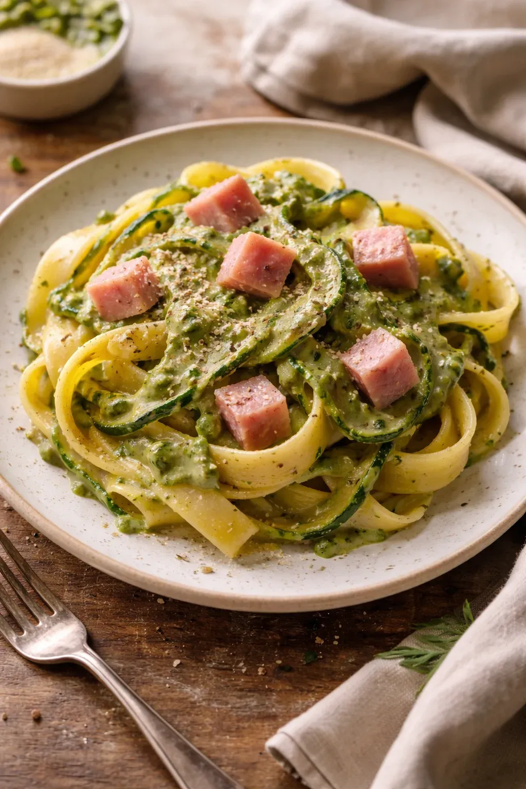 Tagliatelle zucchine, cotto e parmigiano