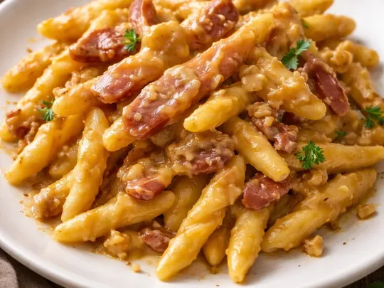 Trofie con crema di peperoni, speck e noci