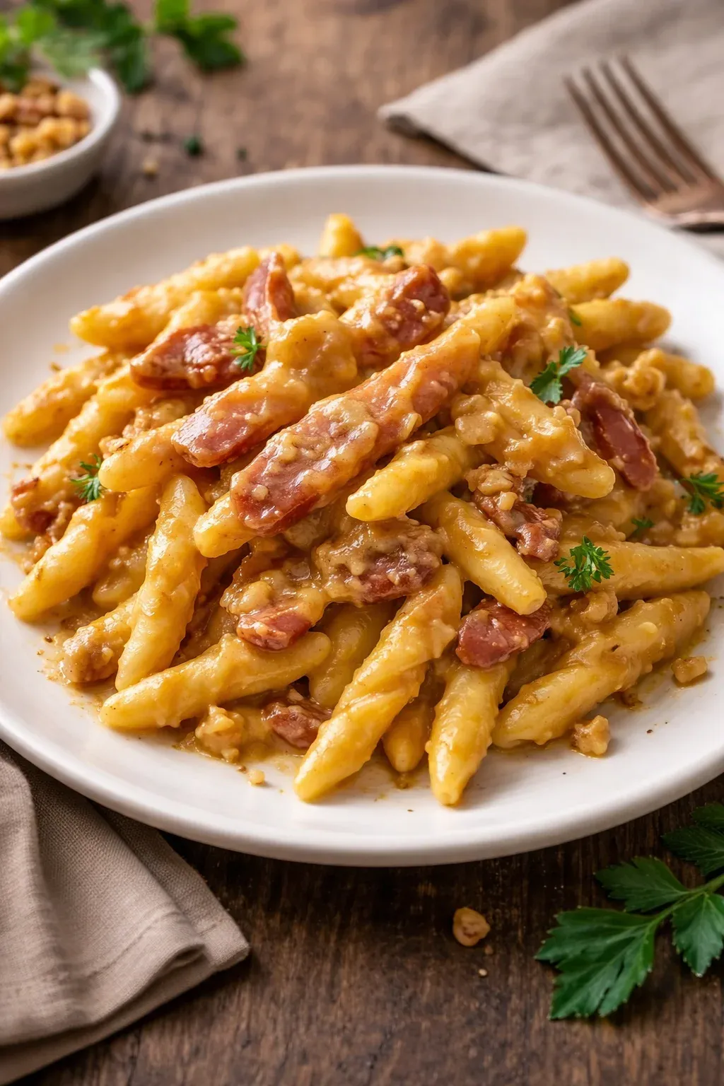 Trofie con crema di peperoni, speck e noci