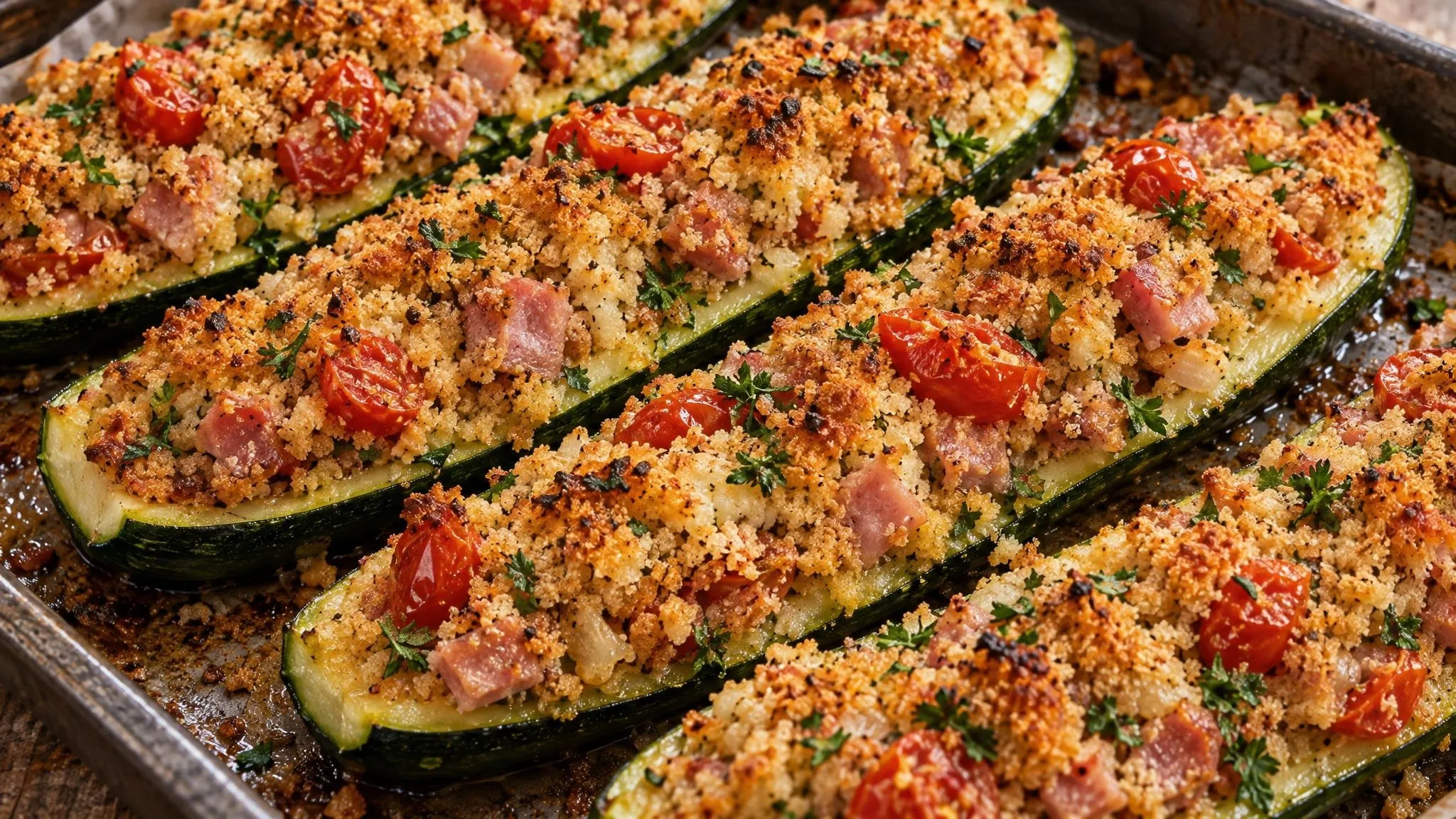 Zucchine ripiene con prosciutto cotto e pomodorini