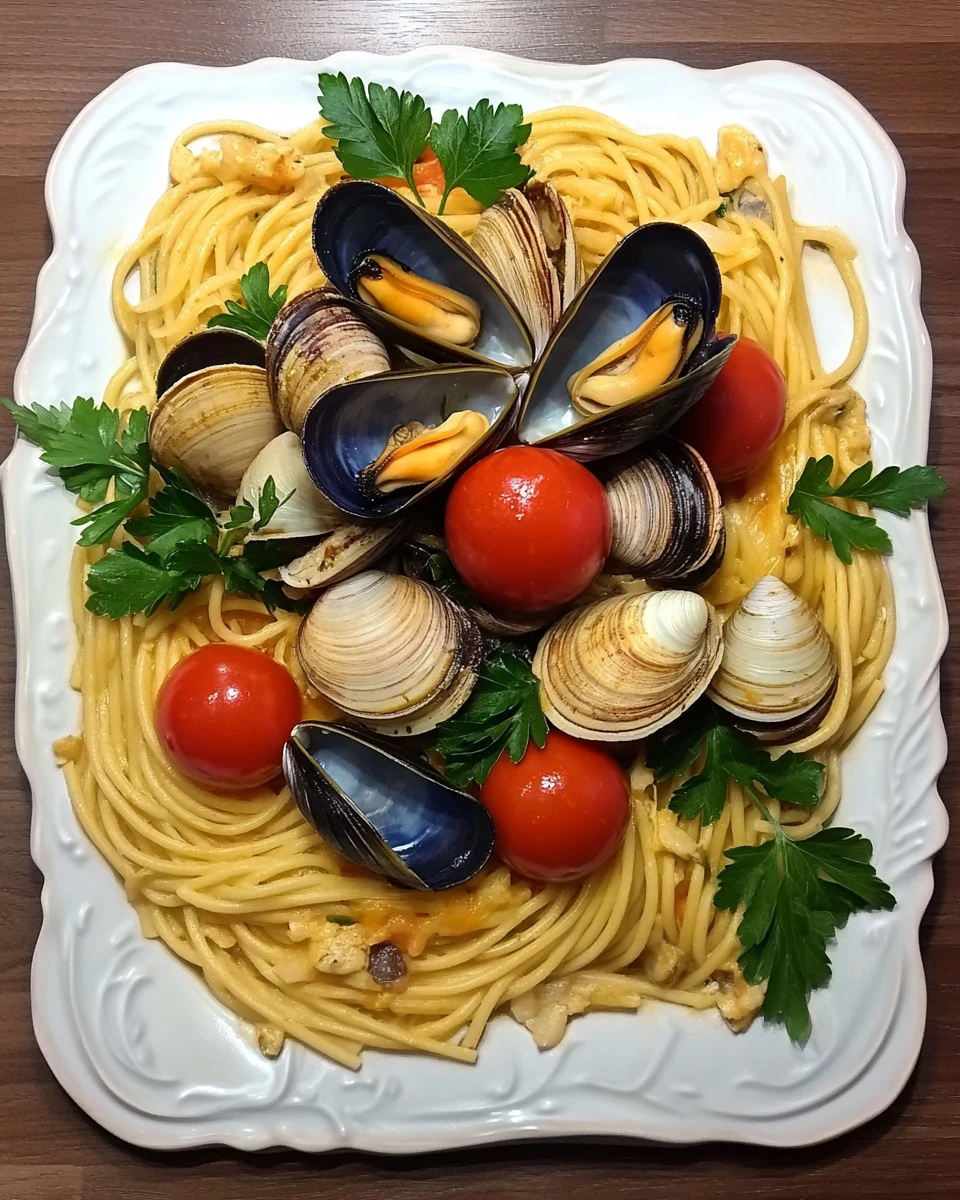 Bavette allo scoglio metodo in bianco con pomodorini pachino