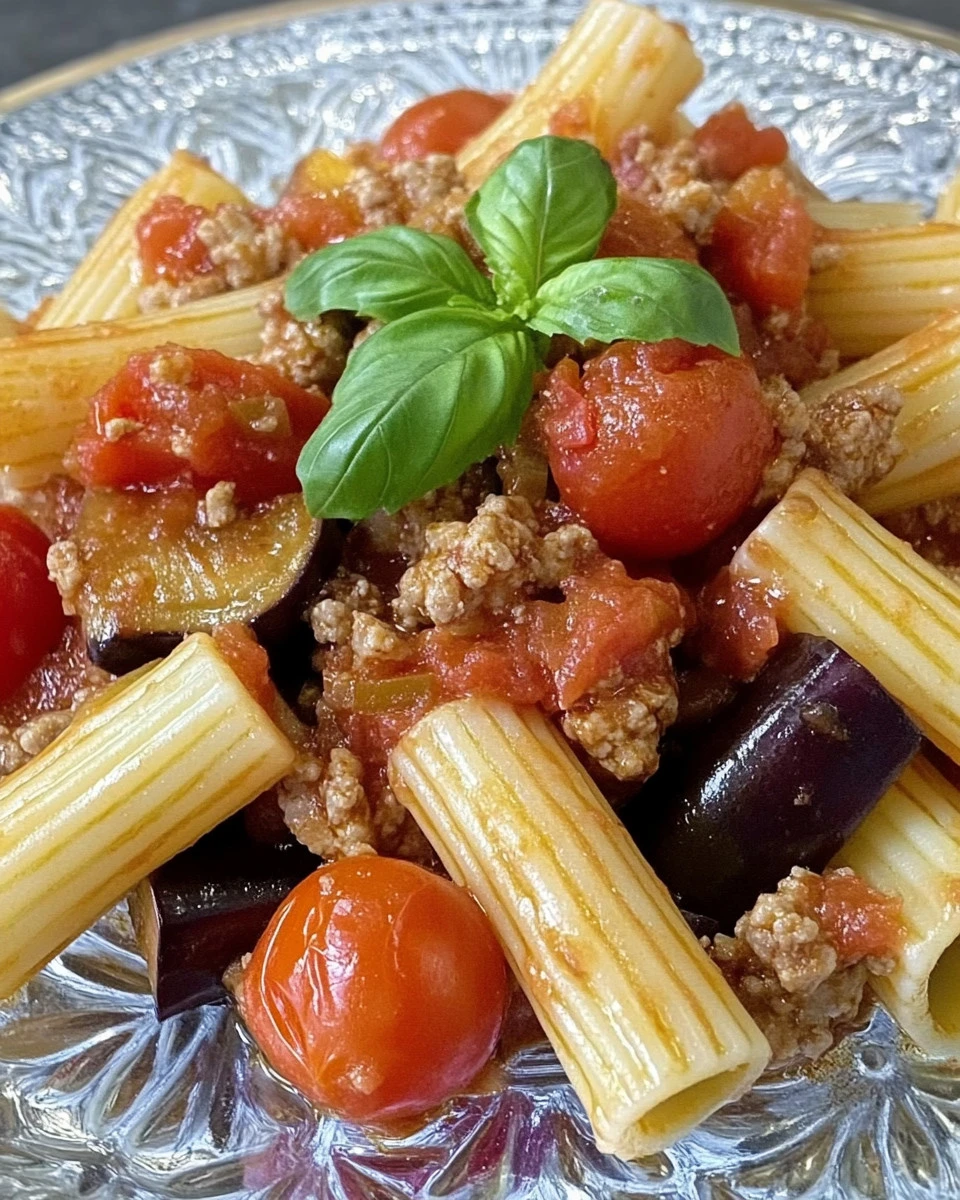 Pasta con melanzane, pomodorini e salsiccia