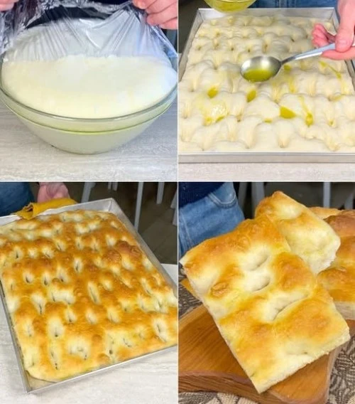 Focaccia Genovese appena sfornata, morbida e ben condita con olio e sale.