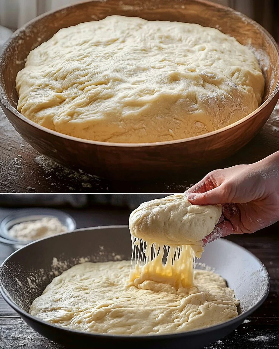 Immagine di un impasto per pizza fresco e pronto per la cottura.