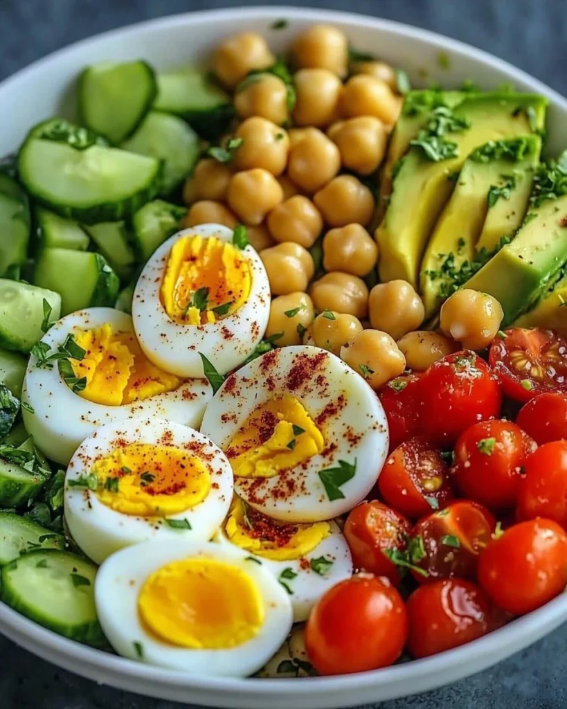 Insalata di avocado con uova e ceci, condita con limone ed erbe fresche