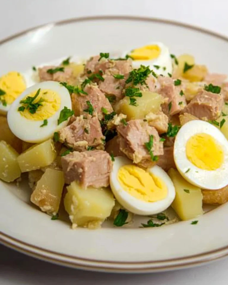 Insalata di patate con tonno e uova su un piatto colorato