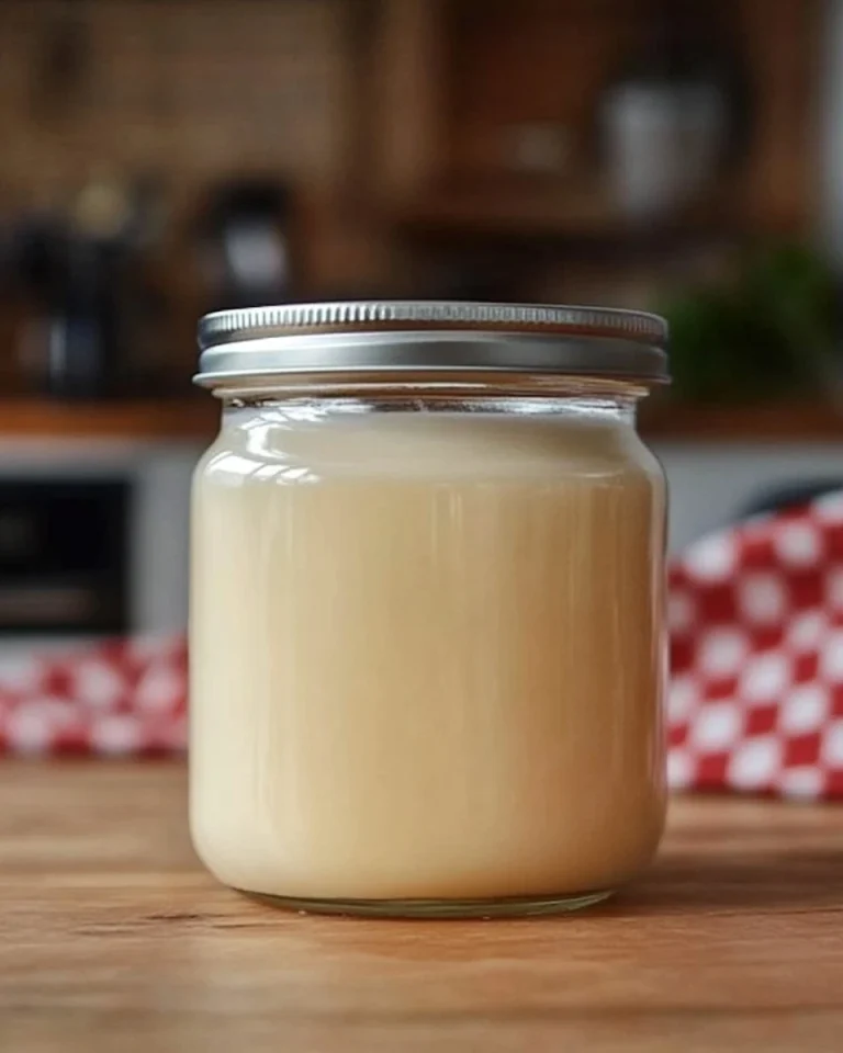Ricetta di Latte Condensato Fatto in Casa servito in un barattolo di vetro.