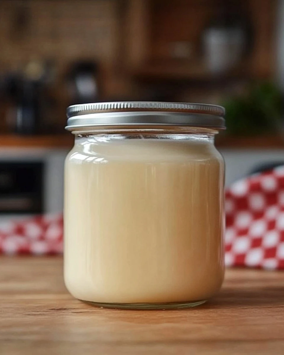Ricetta di Latte Condensato Fatto in Casa servito in un barattolo di vetro.