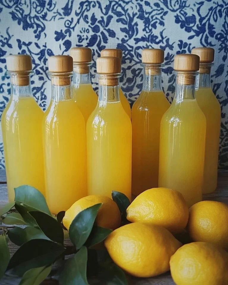 Bottiglia di limoncello italiano con limoni freschi sullo sfondo