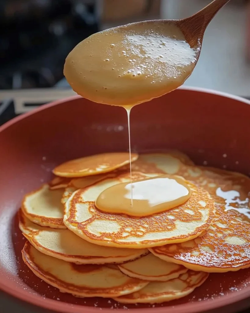 Una pila di pancake dorati con sciroppo d' acero e frutta fresca