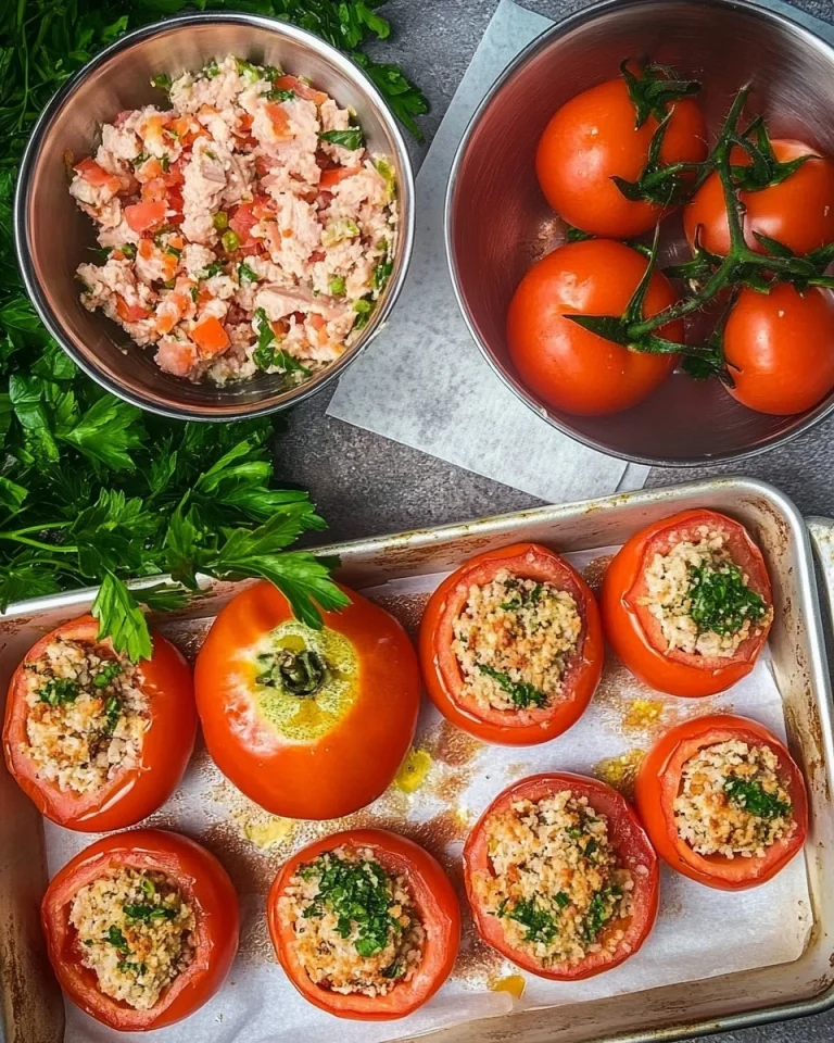Pomodori farciti con tonno serviti su un piatto bianco