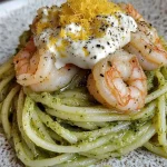 Spaghetti con zucchine, gamberi, stracciatella e scorza di limone in un piatto delizioso.