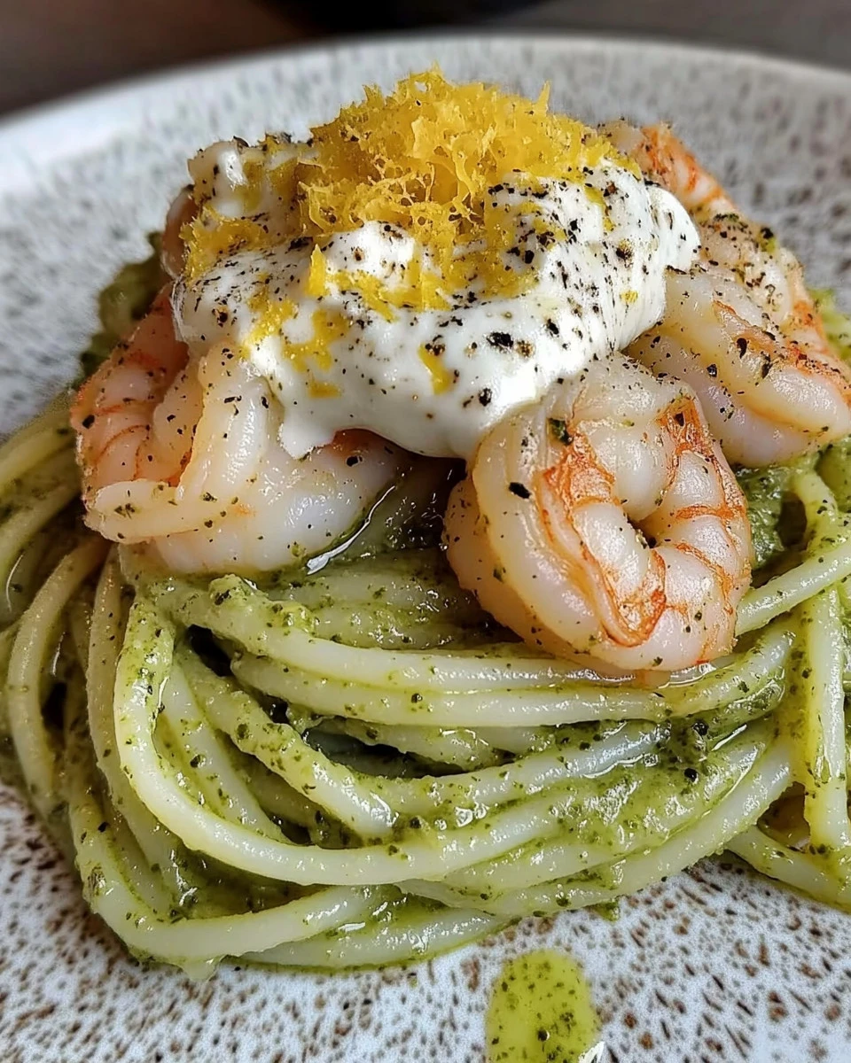 Spaghetti con zucchine, gamberi, stracciatella e scorza di limone in un piatto delizioso.