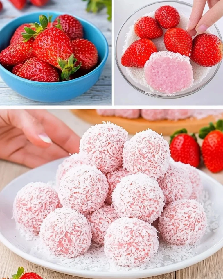 Un bouquet di Tartufini Cocco e Fragole, dolci dessert al cocco con fragole fresche.