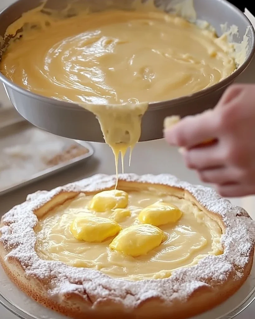 Torta soffice e cremosa appena sfornata, decorata con frutta fresca.
