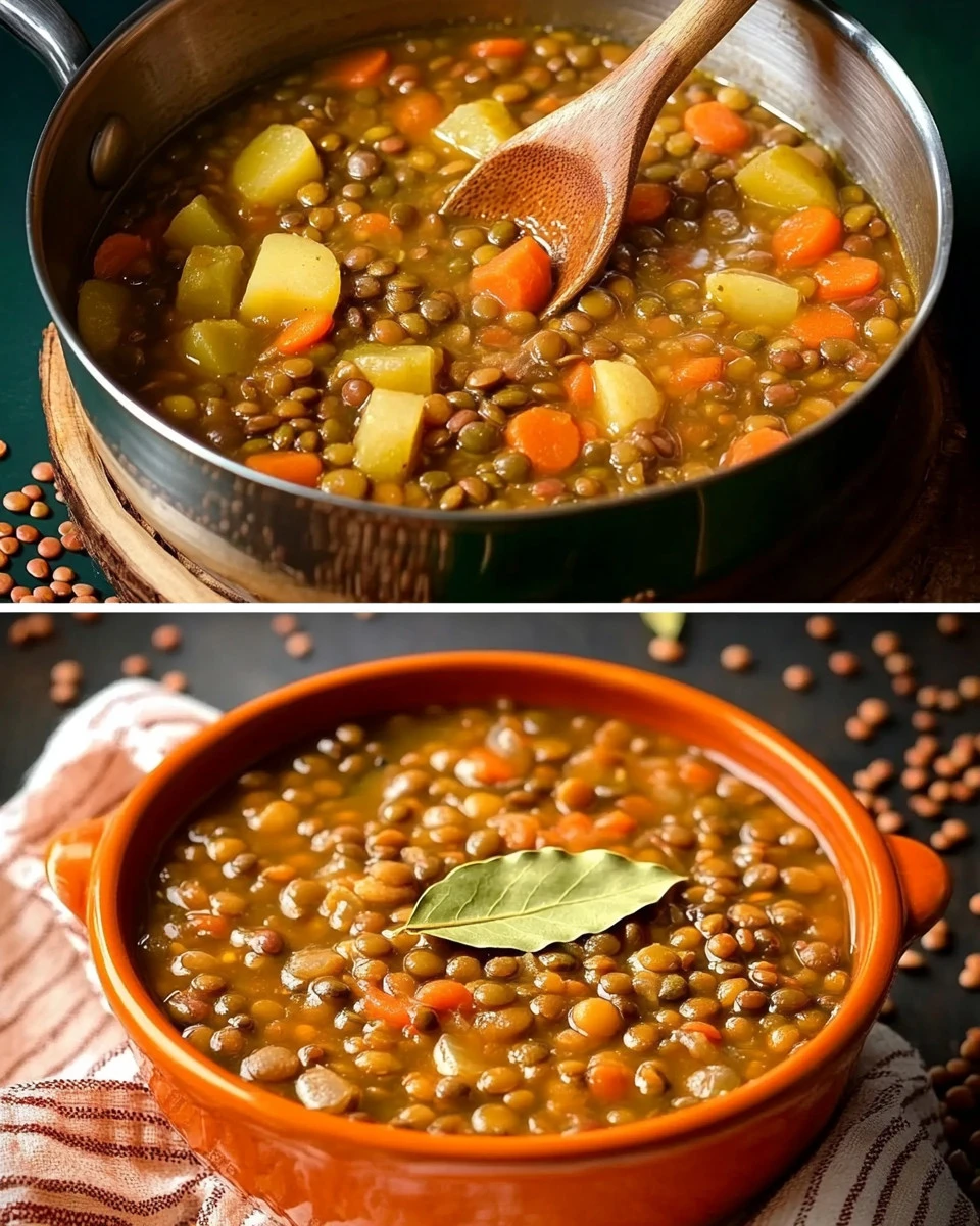 Zuppa di Lenticchie e Patate servita in una ciotola rossa