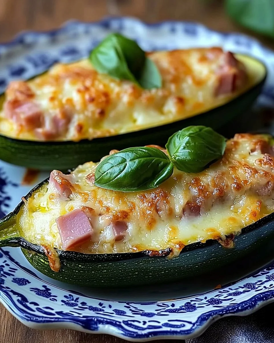 Barchette di zucchine con prosciutto cotto e mozzarella su un piatto