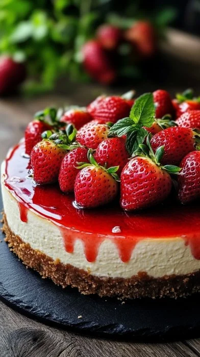 Cheesecake alle Fragole decorata con fragole fresche e panna montata