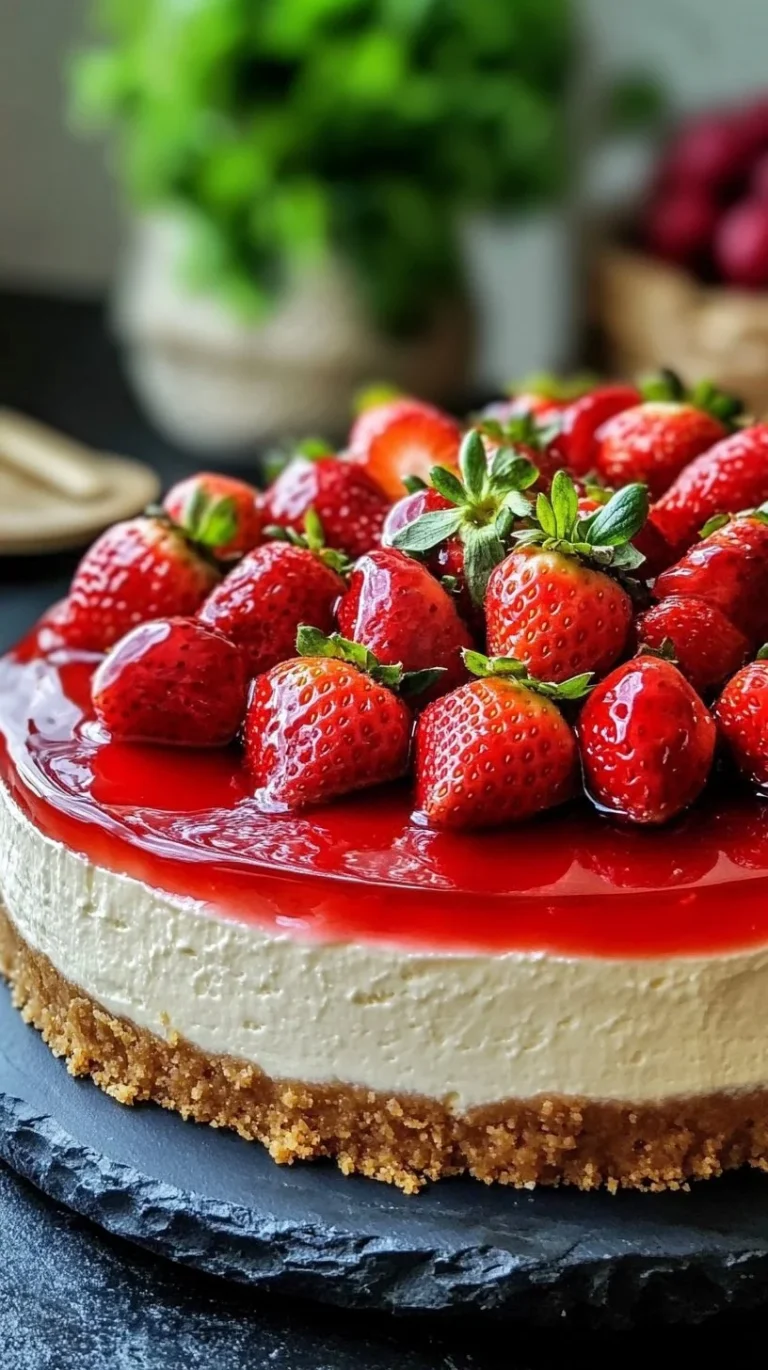 Delizioso Cheesecake alle Fragole decorato su un piatto bianco
