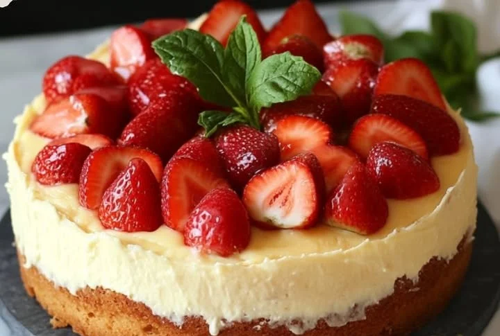 Cheesecake alle fragole decorato con frutti freschi e salsa di fragole