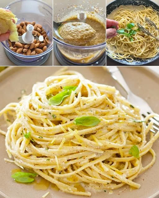 Condimento estivo di mandorle, limone e basilico su un piatto fresco