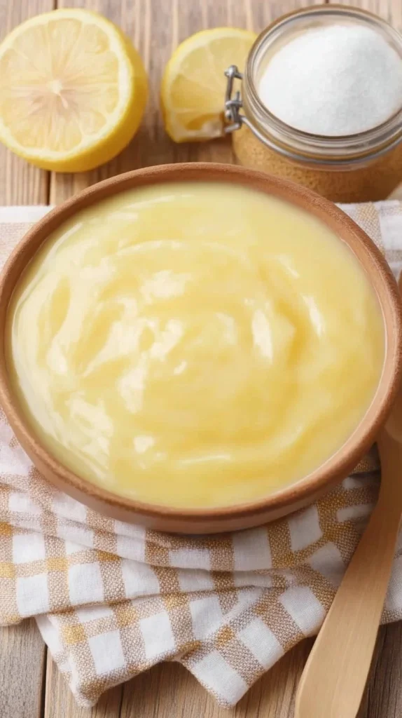 Crema pasticcera senza uova in una ciotola con ingredienti freschi.