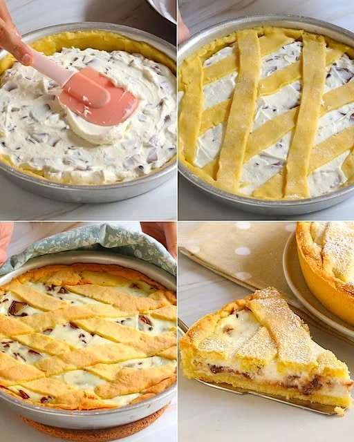 Fetta di Crostata di Ricotta e Gocce di Cioccolato su un piatto.