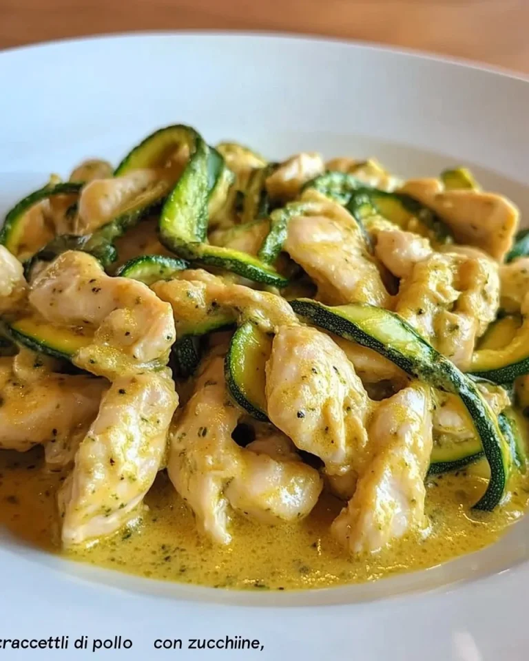 Chicken strips con zucchine e salsa di panna, piatto appetitoso e facile da preparare.