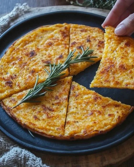 Farinata di Ceci servita con rosmarino e pepe nero.