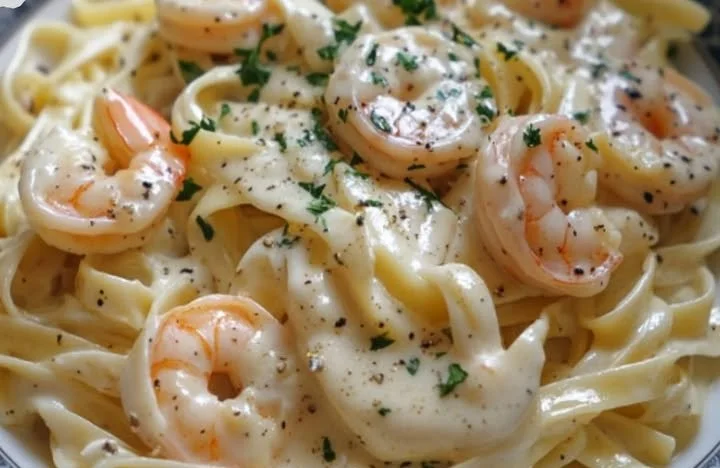 Fettuccine con gamberetti e salsa Alfredo serviti in un piatto elegante