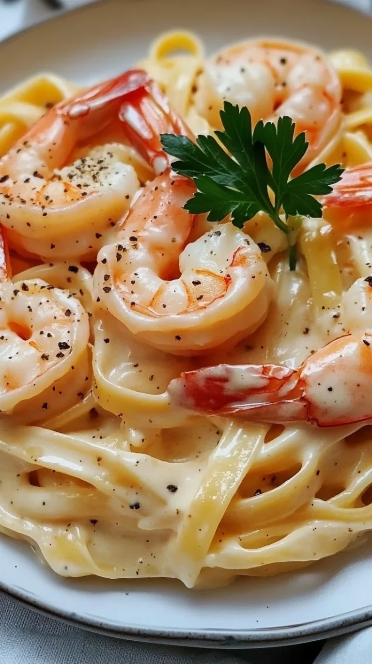 Fettuccine con Gamberetti e Salsa Alfredo serviti in un piatto elegante.